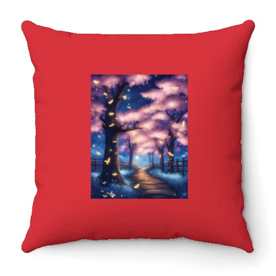 Fireflies In Cherry Blossom Trees Throw Pillows