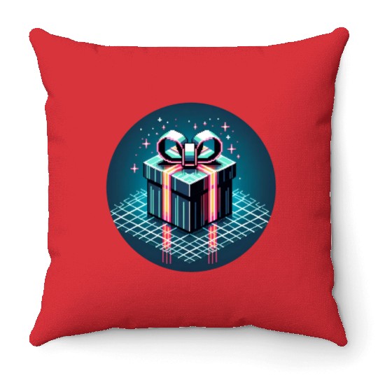 Cyberpunk Pixel Art Gift Box - Neon Ribbons Throw Pillows