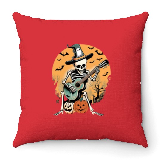 Skeleton Playing Guitar Spooky Serenade Halloween Throw Pillows