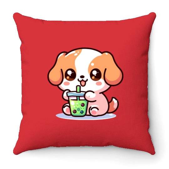 Playful dog with bubble tea Throw Pillows