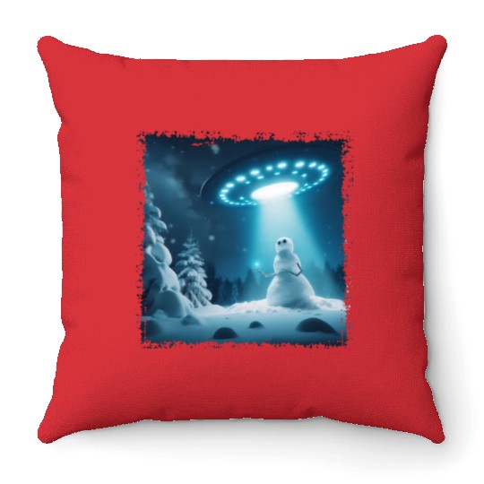 UFO Beams Snowman in Winter Night Throw Pillows