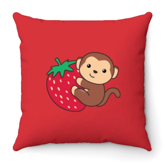 Monkey With Strawberry Cute Monkeys With Fruits Throw Pillows