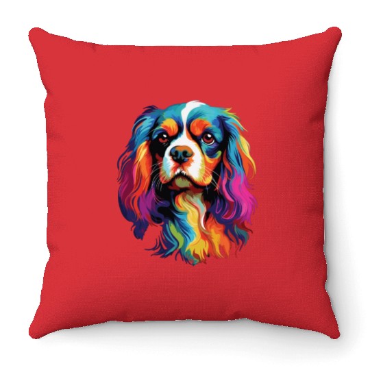 Watercolor Colorful Cavalier King Charles Spaniel Throw Pillows