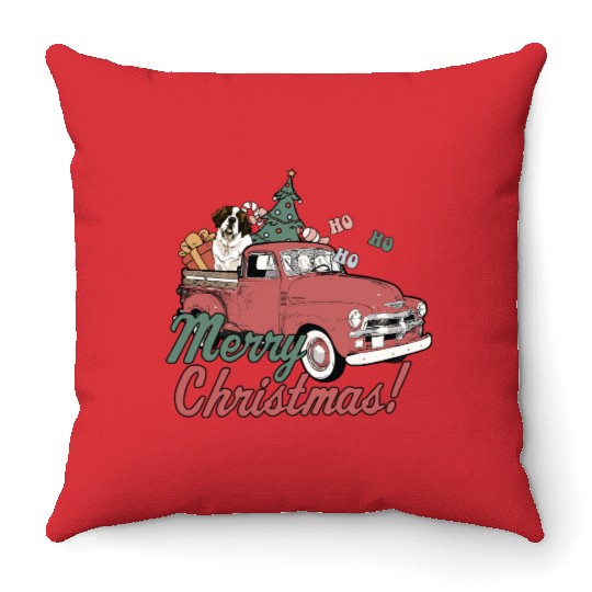 Vintage Red Pick Up Truck Merry Christmas Saint Throw Pillows
