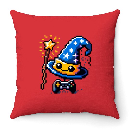 Gamer Wizard 8-Bit Hat with Controller Wand Throw Pillows
