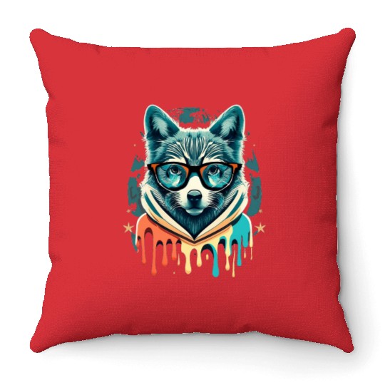 Hipster Wolf Drip Throw Pillows