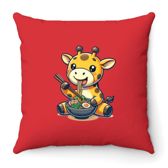 Cute Giraffe Eats Ramen Noodles Giraffe Ramen Throw Pillows