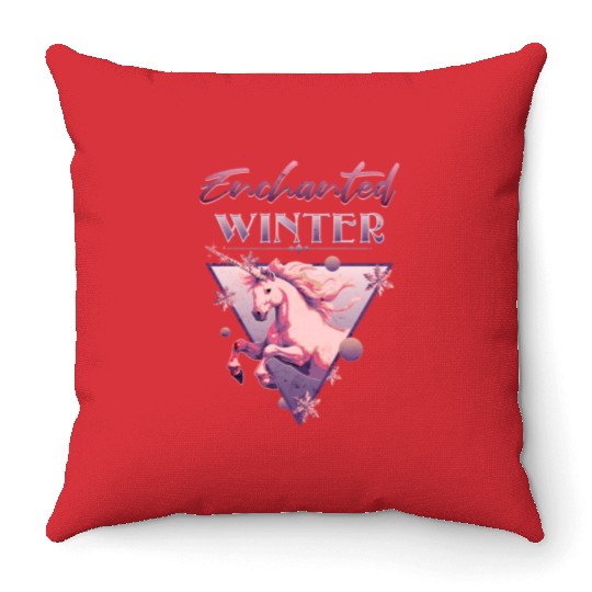 Enchanted Winter 80s Retro Lilac Unicorn Throw Pillows