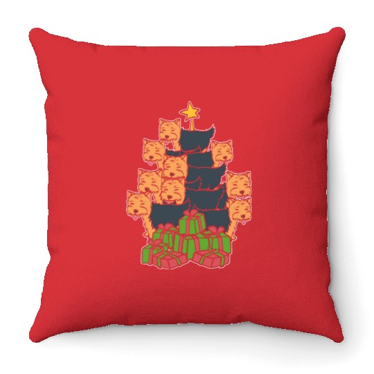 Yorkie Christmas Tree Holiday Person Gift Throw Pillows