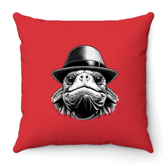 A turtle with a hat, a classic look Throw Pillows