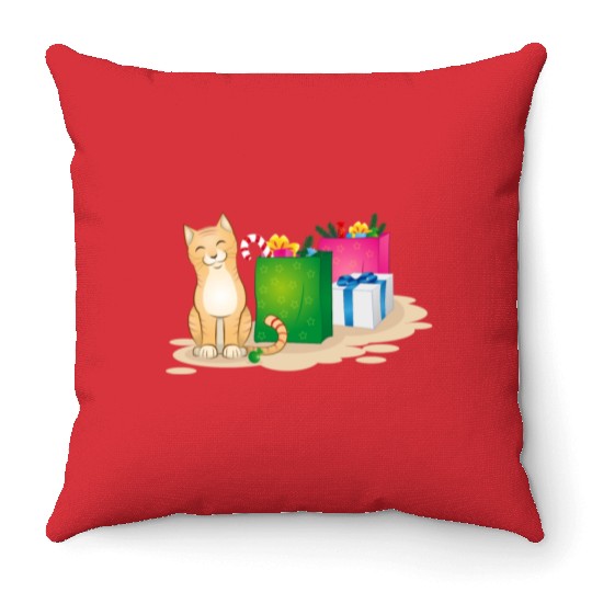 cute cat with christmas gifts Throw Pillows
