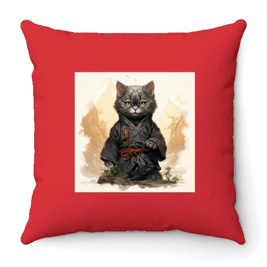Cute Ninja Cat Happy Japanese Art Throw Pillows