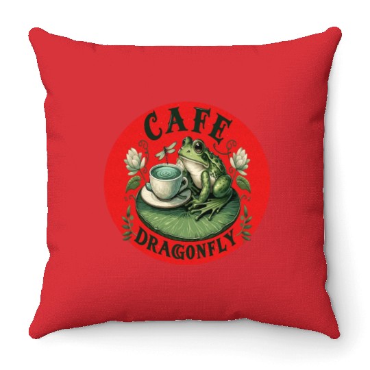 Cafe Dragonfly: Whimsical Serene Frog on Lily Pad Throw Pillows