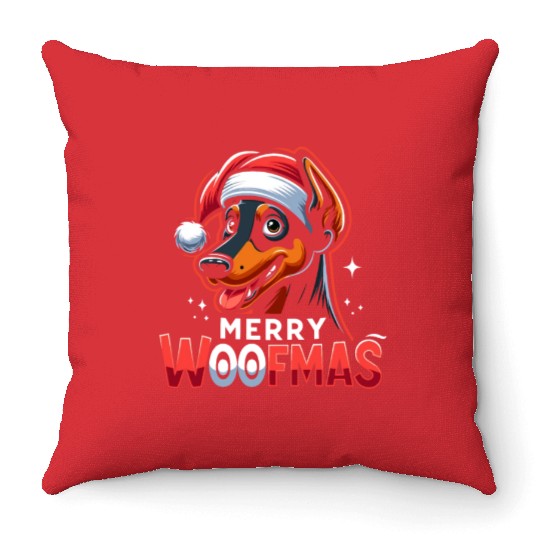 Xmas Dog Merry Woofmas Christmas Doberman Throw Pillows