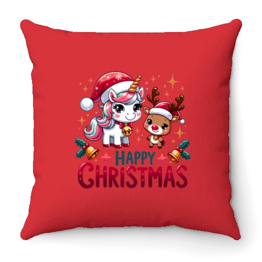 Cheerful Unicorn & Reindeer - Merry Christmas Throw Pillows