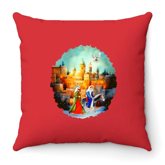 Mary and Joseph in Bethlehem with donkey Throw Pillows