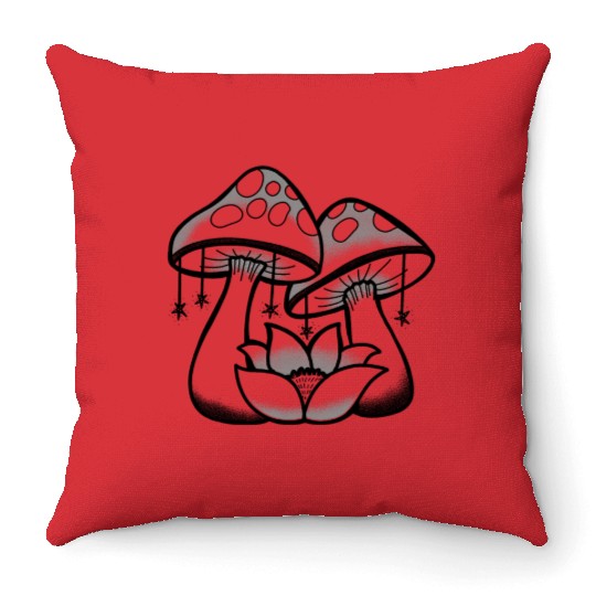Two Mushrooms with Stars and a Lotus Throw Pillows