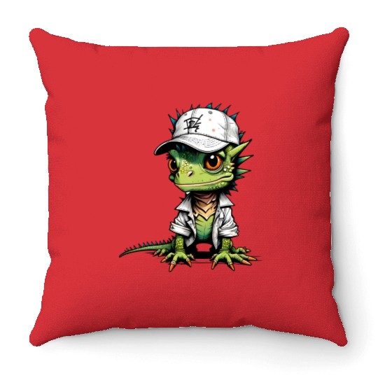 Cute lizard with cap Throw Pillows
