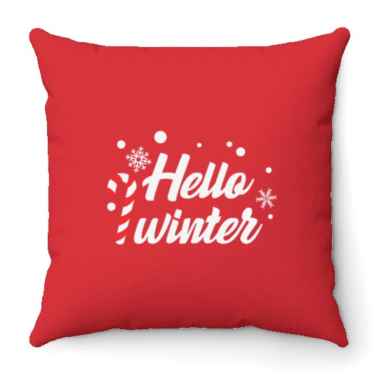 Hello Winter Christmas Candy Canes Throw Pillows