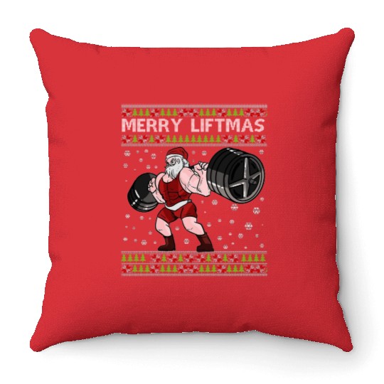 MERRY LIFTMAS Funny Strong Santa Claus Throw Pillows