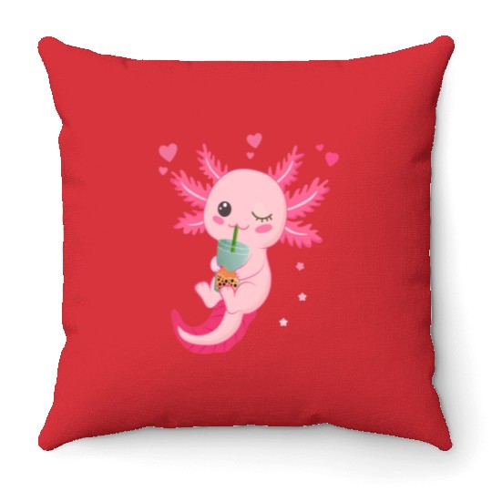 Boba Tea Bubble Tea Milk Tea Axolotl Throw Pillows