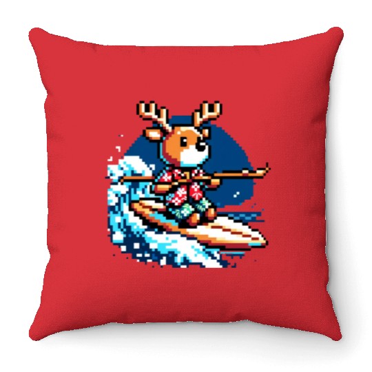Surfing Reindeer: 8-Bit Holiday Wave Throw Pillows