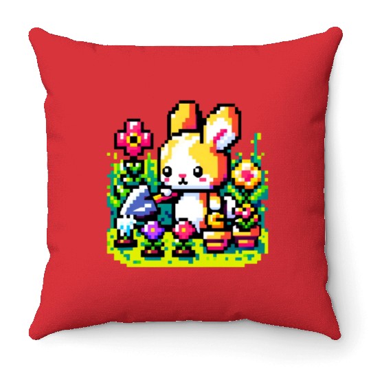 8-Bit Bunny Gardener: Retro Digital Garden Scene Throw Pillows