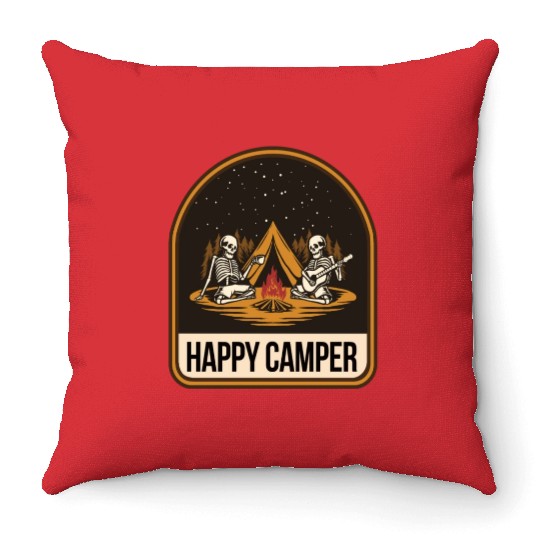 Happy Camper Skeleton Campfire Tent Throw Pillows