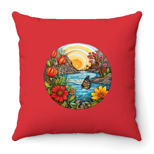 Sunset Whorls over Serene River Throw Pillows