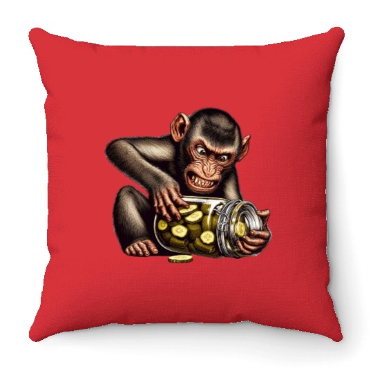 Angry monkey with cucumber jar Throw Pillows