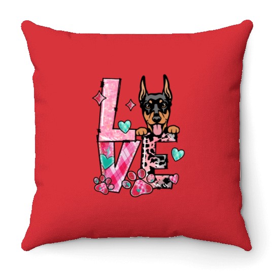 Doberman Dog I Love My Dog Valentines Day Throw Pillows