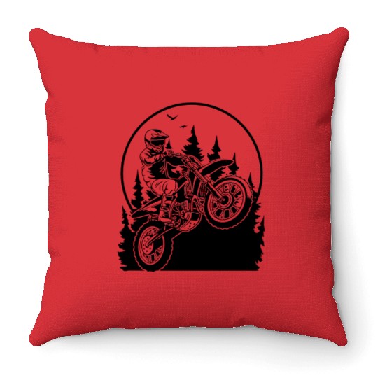 Dirt Bike Motorcycle Forest Sunset Scene Throw Pillows