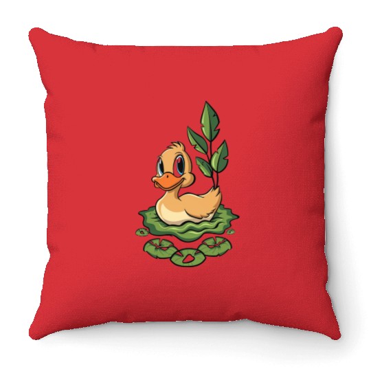 cute duck swimming in a swamp Throw Pillows