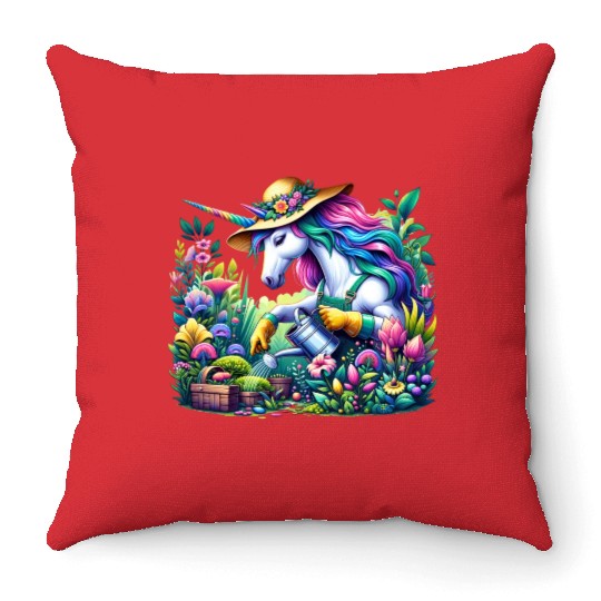 Botanist Unicorn in a Magical Garden Throw Pillows