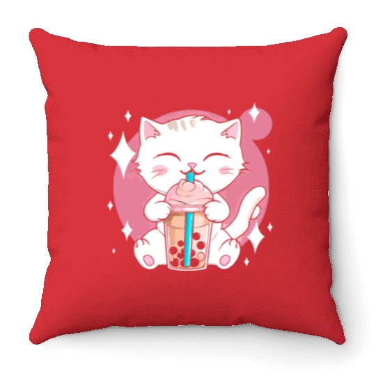 Kawaii Bubble Tea Cat Boba Milk Throw Pillows