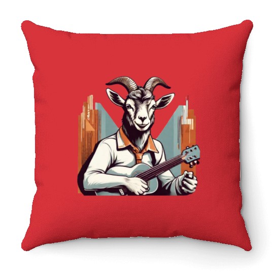 retro goat playing guitar vintage style Throw Pillows