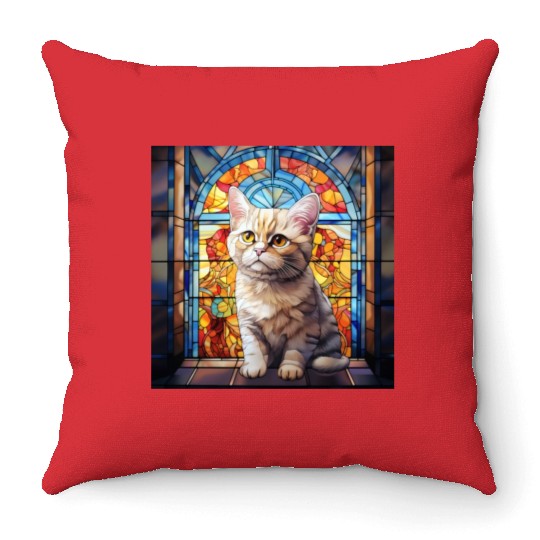 British Shorthair kitten in stained glass Throw Pillows