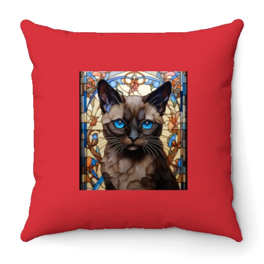 Siamese kitten in stained glass Throw Pillows