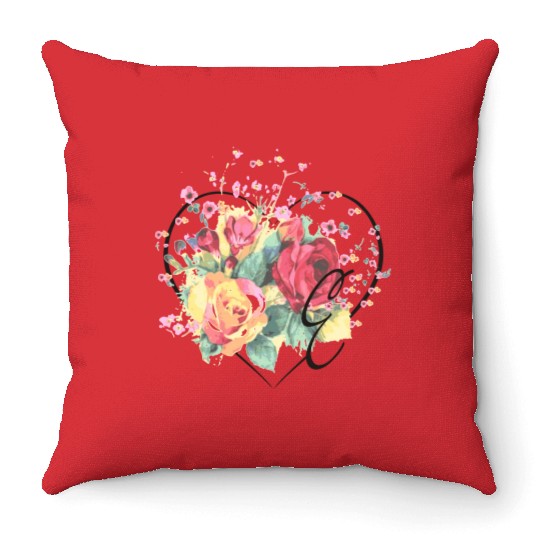Letter E Monogram Floral Roses Heart Throw Pillows