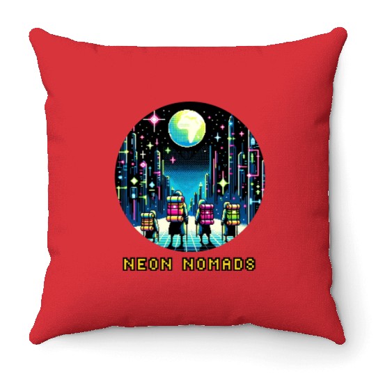 Cyberpunk Explorers - Neon Nomads Pixel Art Throw Pillows