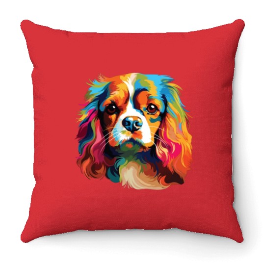 Watercolor Colorful Cavalier King Charles Spaniel Throw Pillows