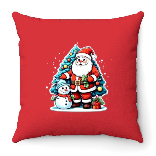 Santa Claus with Snowman and Decorated. Throw Pillows