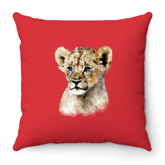 Baby Lion Cub Cute Watercolor Painting Portrait Throw Pillows
