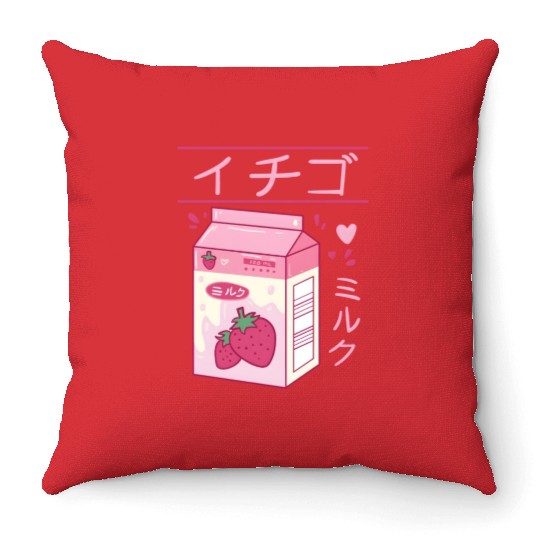 Japanese Strawberry Milk Drink Kawaii Kanji Vaporw Throw Pillows