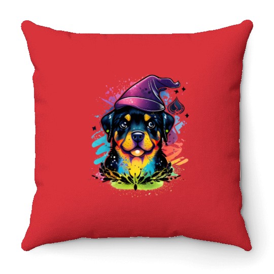 Colorful Kawaii Rottweiler Wizard Throw Pillows