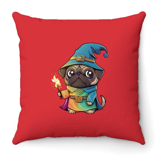 Colorful Kawaii Pug Wizard Throw Pillows