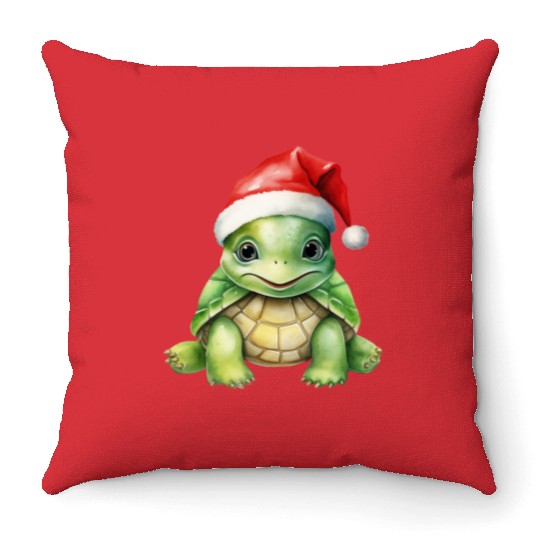cute green sea turtle wearing a Santa hat Throw Pillows