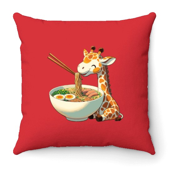 Cute Giraffe Eats Ramen Noodles Giraffe Ramen Throw Pillows
