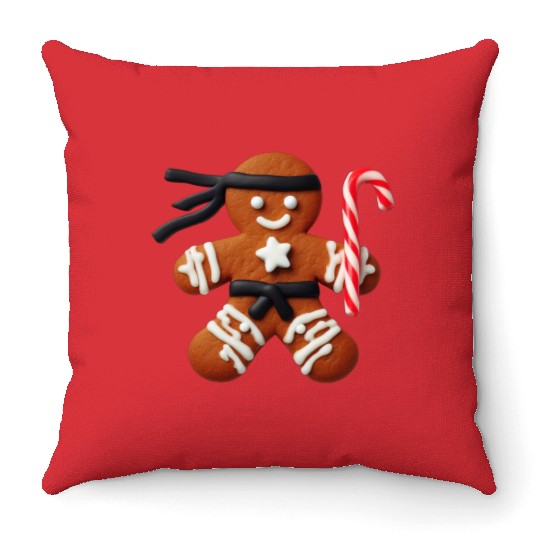 Funny Ninja Gingerbread Man Cookie Candy Cane Throw Pillows