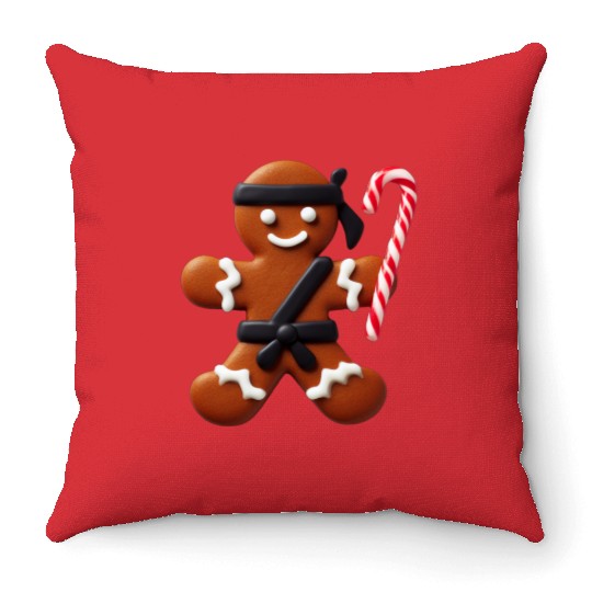 Funny Ninja Gingerbread Man Cookie Candy Cane Throw Pillows